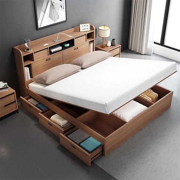 Phòng ngủ diện tích nhỏ nên chọn những mẫu giường ngủ có ngăn kéo chứa đồ ở phía dưới