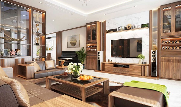 Kệ gỗ được xem là món đồ nội thất không thể thiếu với mọi không gian phòng khách
